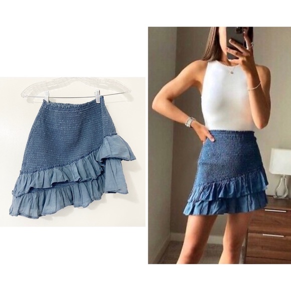 Zara Dresses & Skirts - Zara Blue Smocked Ruffle Stretch Mini Skirt Size XS